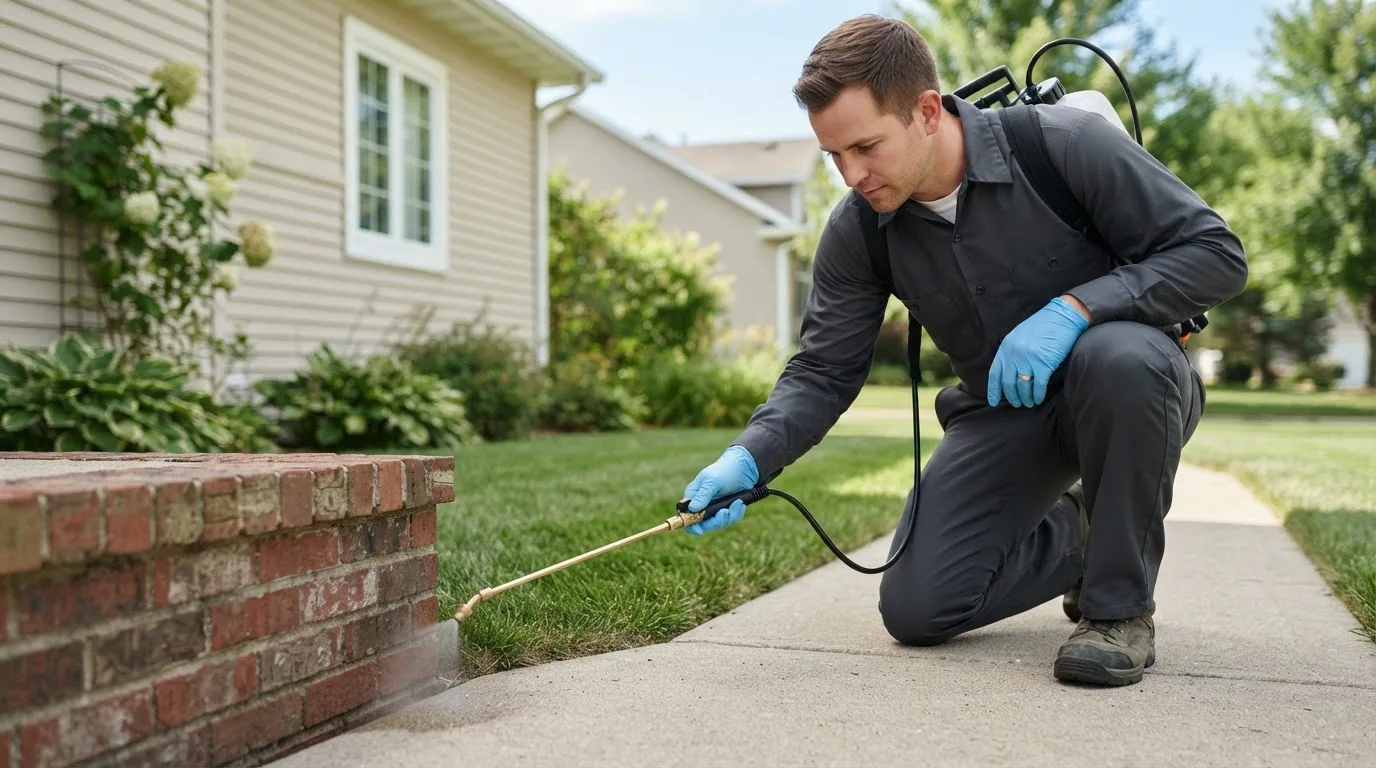 Pest control technician treating a home near Wilsey, KS