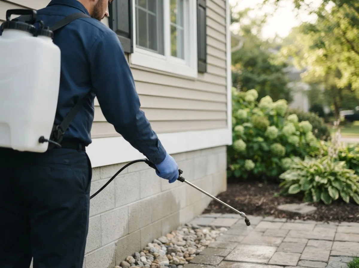 Pest control technician inspecting a home in Wilsey, KS